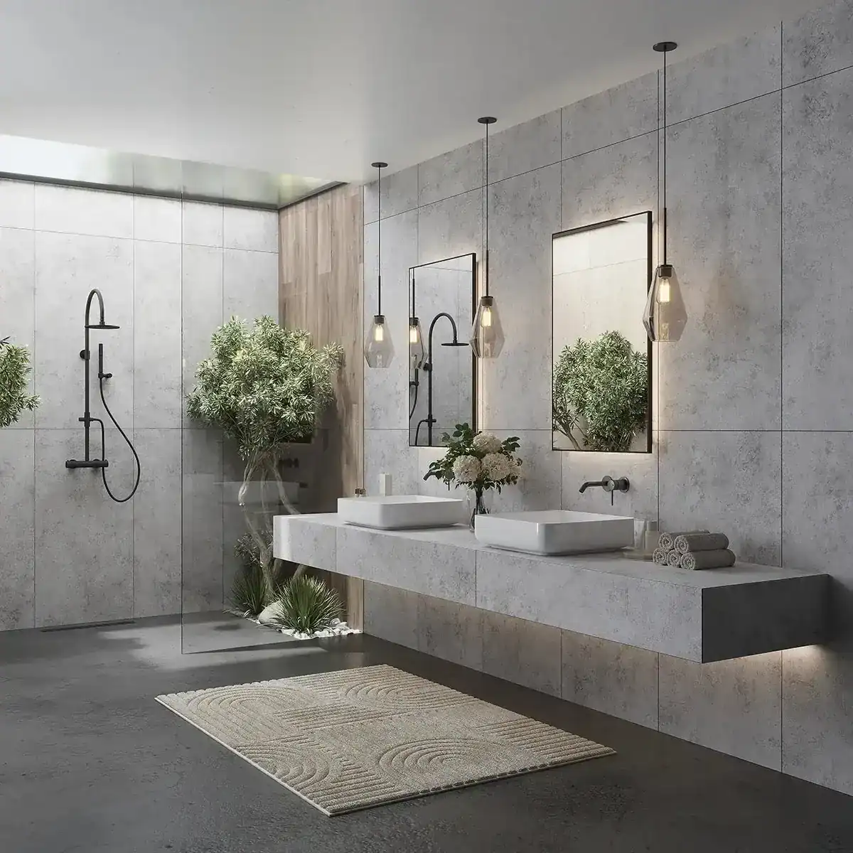 Bathroom remodel with concrete-look tile and
