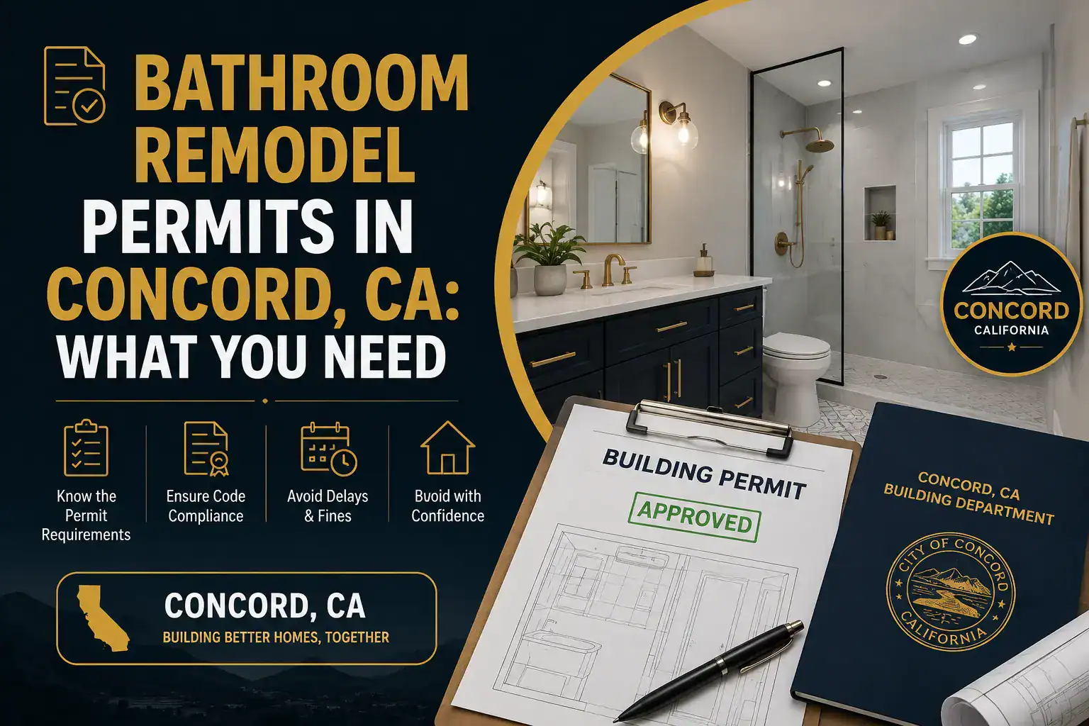 Bathroom remodel permits in Concord, CA — approved permit document with checkmark stamp