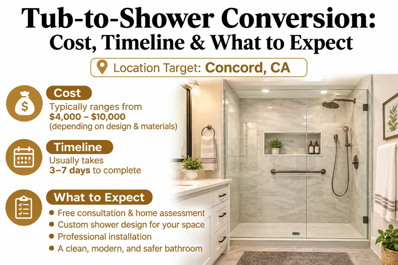 Modern frameless glass walk-in shower with porcelain tile in a Concord, CA bathroom remodel