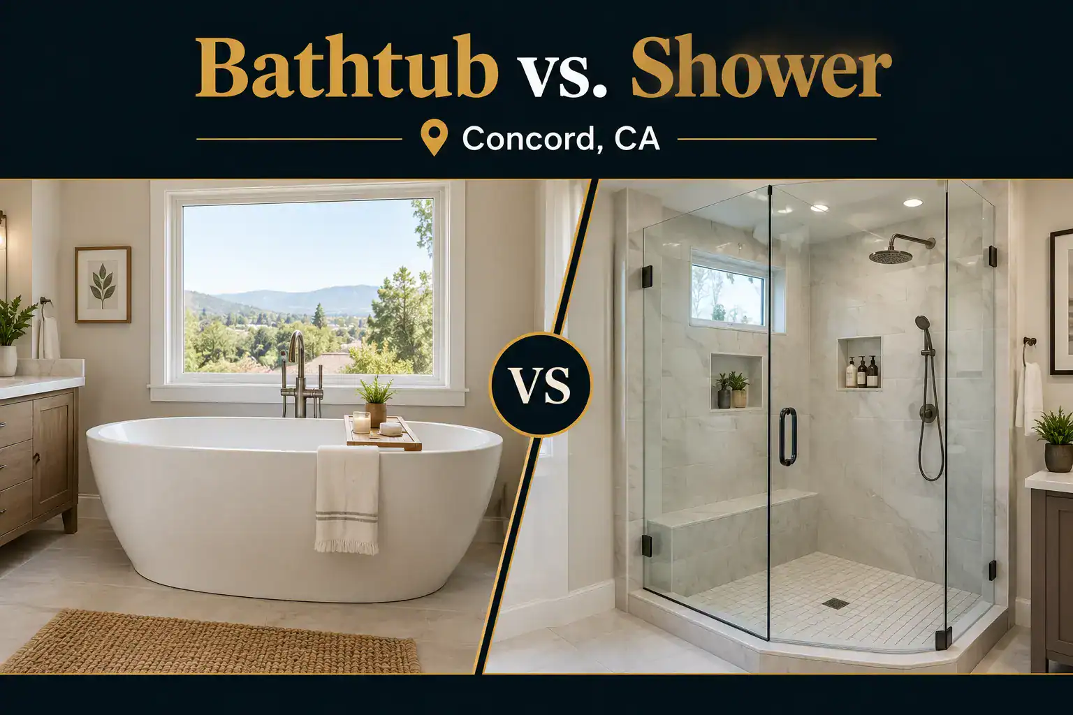 Bathtub next to a walk-in shower comparison in a Concord, CA bathroom remodel