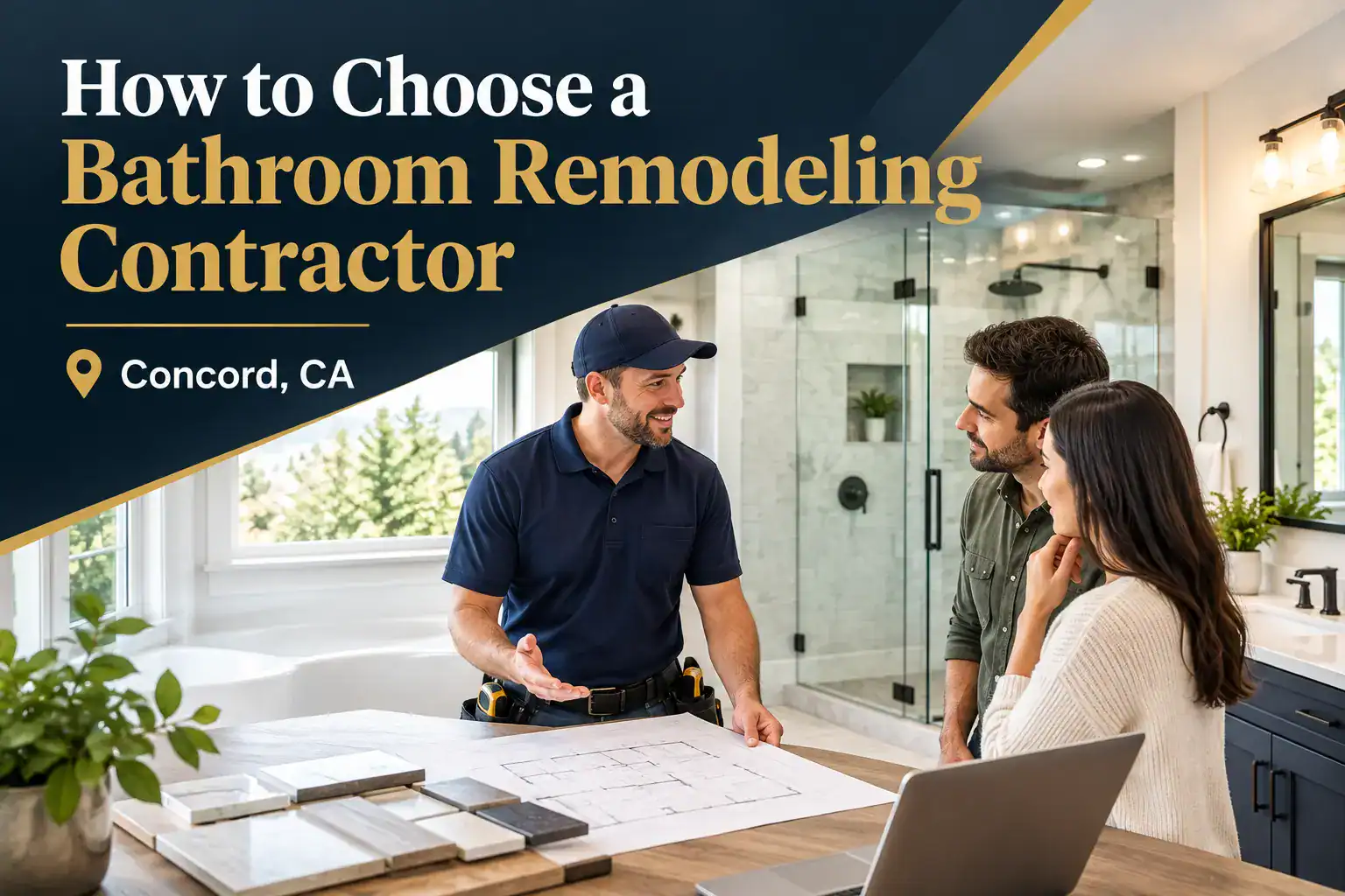 Homeowner reviewing a contract with a licensed bathroom remodeling contractor in Concord, CA