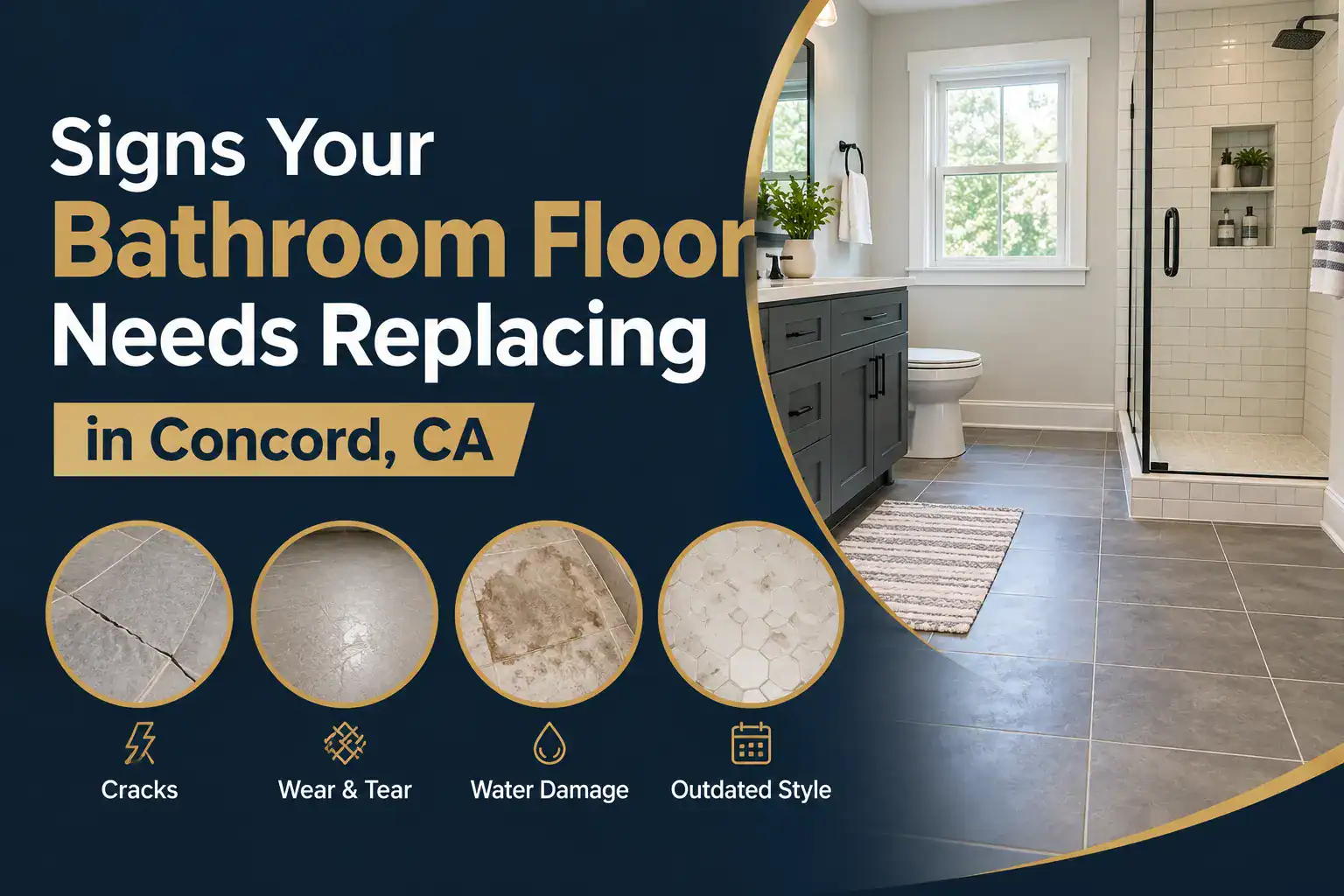 Water-damaged bathroom floor tile with visible cracking and discoloration in Concord, CA home